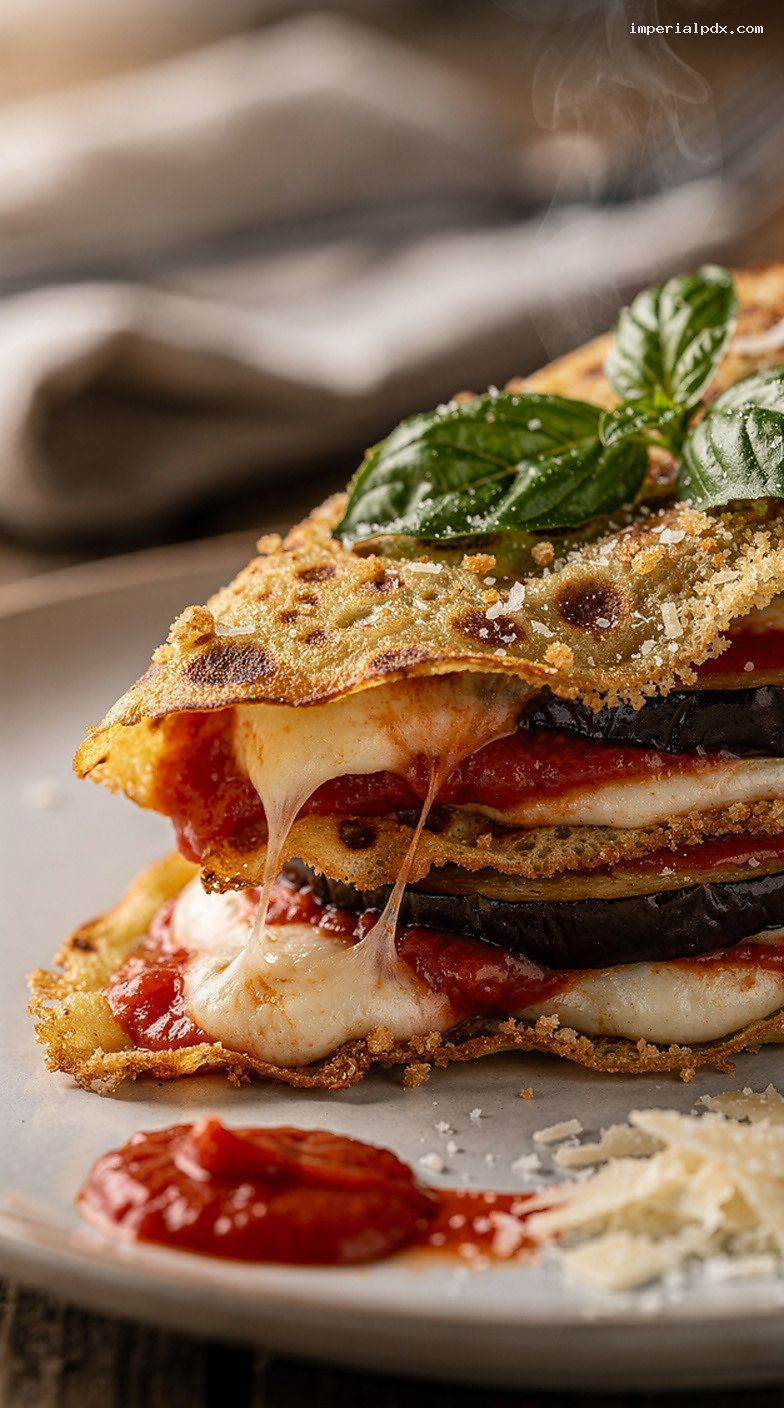 Eggplant Parmesan Crepes with Marinara and Mozzarella – Closeup