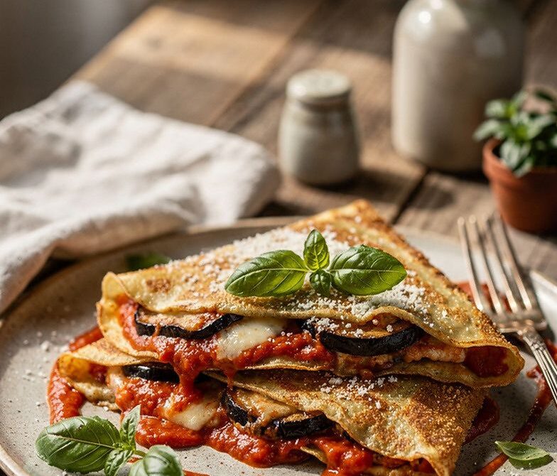Eggplant Parmesan Crepes with Marinara and Mozzarella
