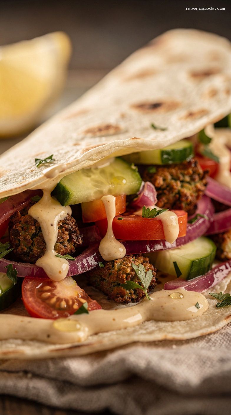 Falafel Tahini Crepes With Pickled Onions and Cucumber Salad – Closeup