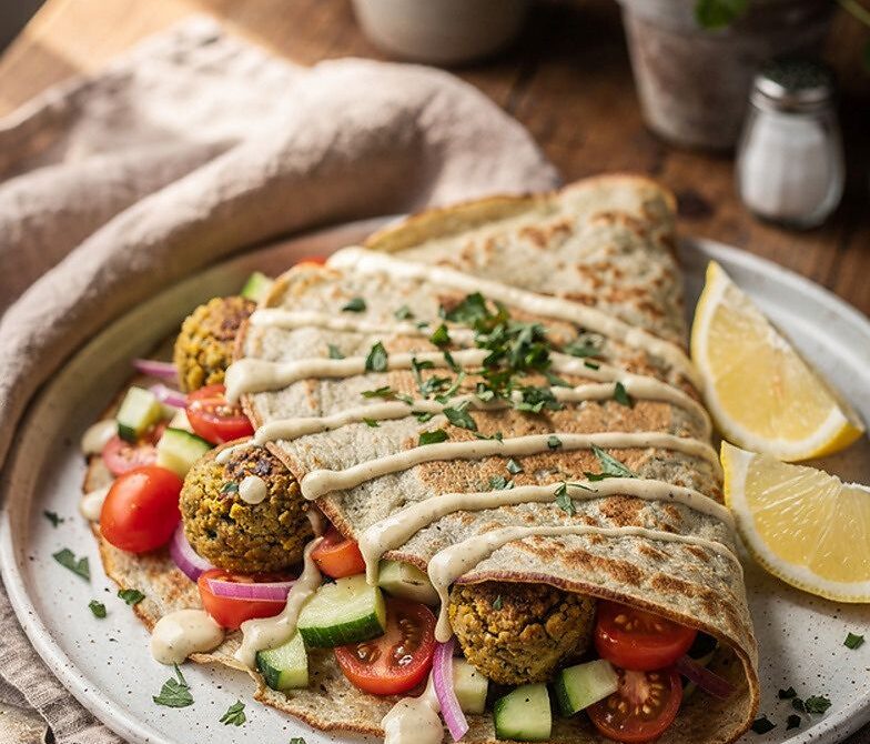 Falafel Tahini Crepes With Pickled Onions and Cucumber Salad