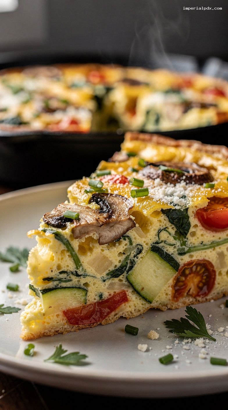 Farm Stand Vegetable Frittata With Greens, Peppers, and Herbs – Closeup