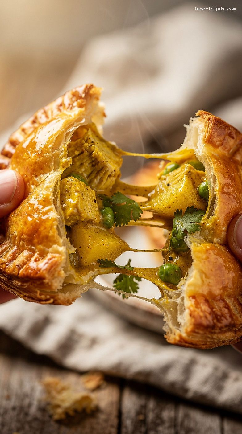 Flaky Curry Chicken Hand Pies with Peas and Potatoes – Closeup
