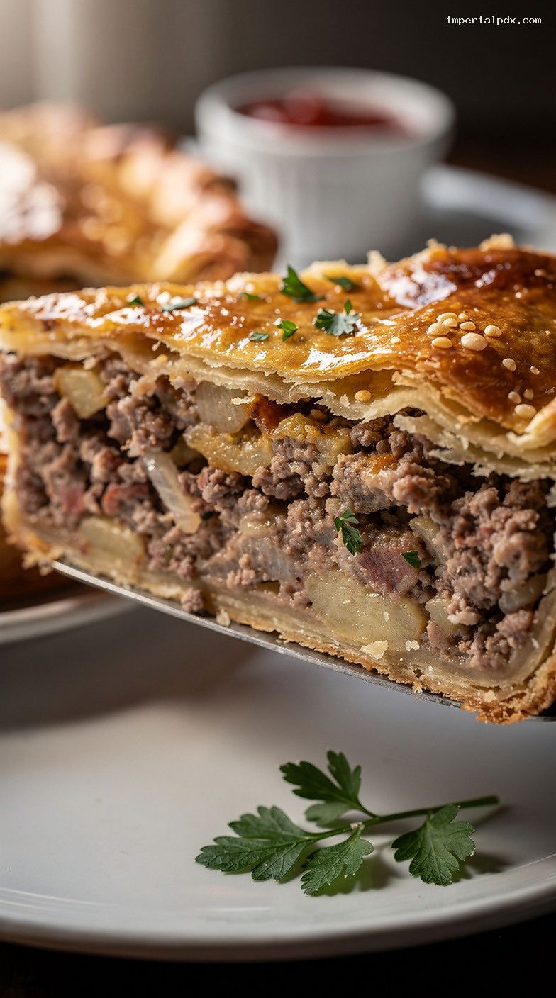 French Canadian Tourtière Spiced Meat Pie in Flaky Crust – Closeup