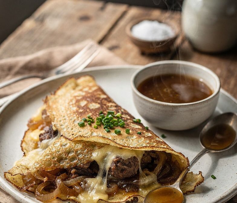 French Onion Soup Crepes With Gruyère and Beef Broth Dip