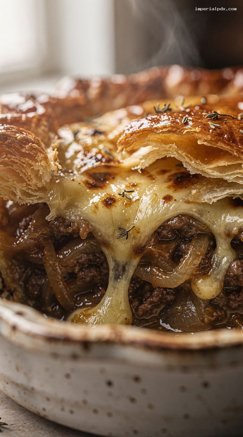 French Onion Soup Pie With Gruyère and Pastry Crust – Closeup