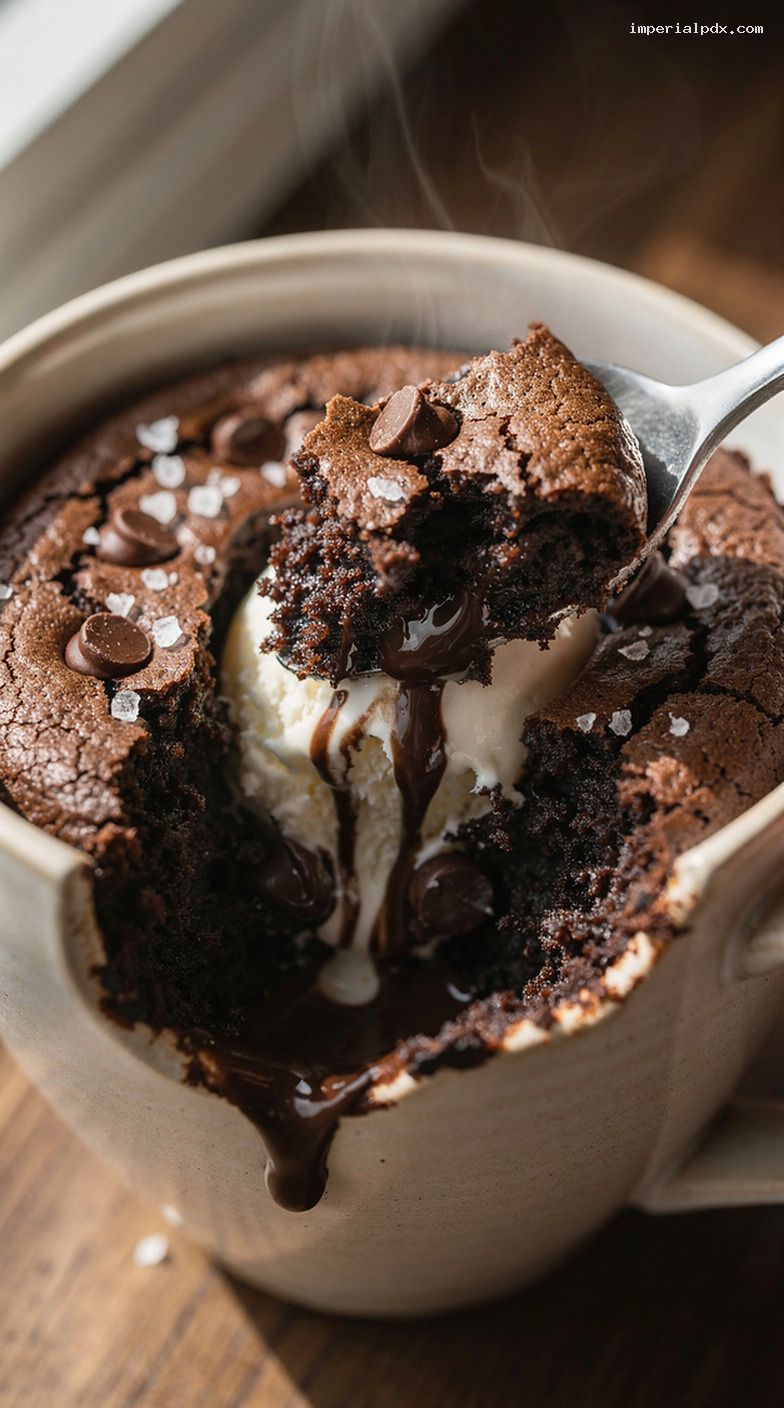 Fudgy Chocolate Chip Brownie Mug Cake with Flaky Salt – Closeup