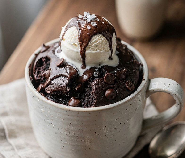 Fudgy Chocolate Chip Brownie Mug Cake with Flaky Salt