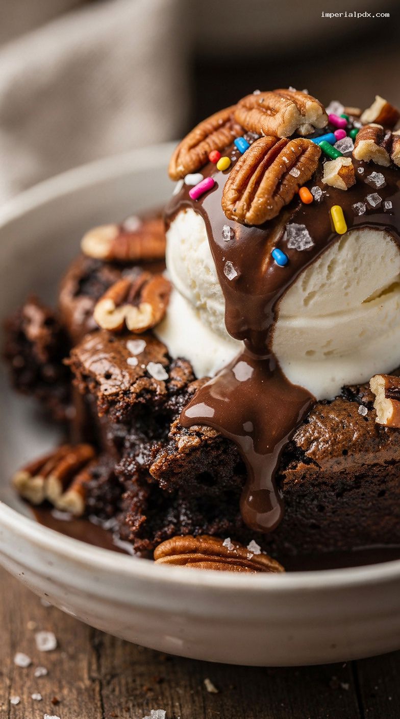 Gooey Microwave Brownie Sundae Bowl with Ice Cream and Nuts – Closeup