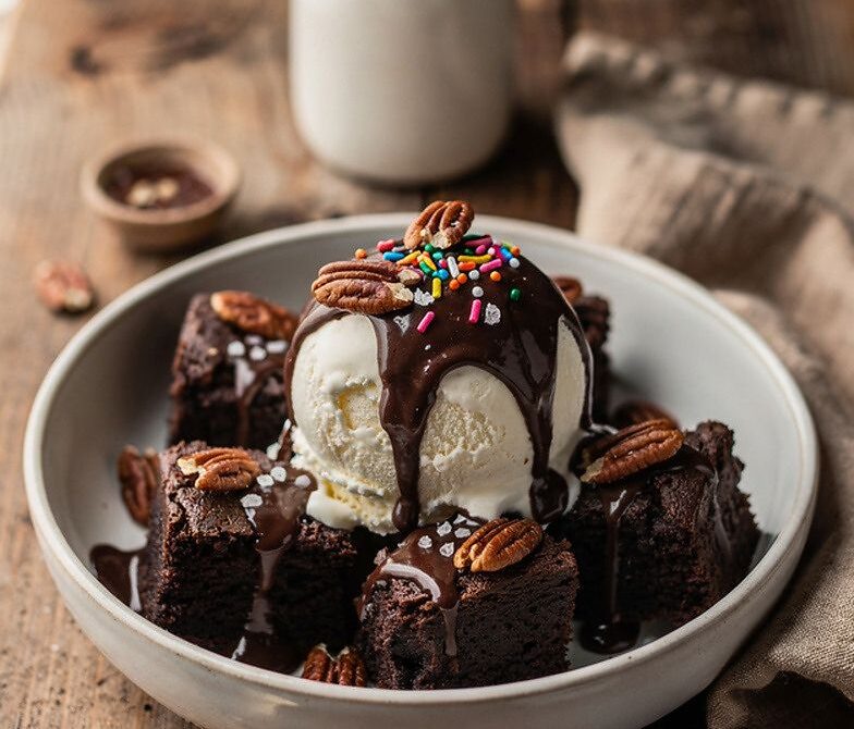 Gooey Microwave Brownie Sundae Bowl with Ice Cream and Nuts