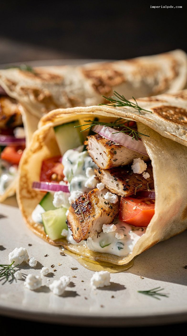 Greek Chicken Souvlaki Crepes with Tzatziki and Feta – Closeup
