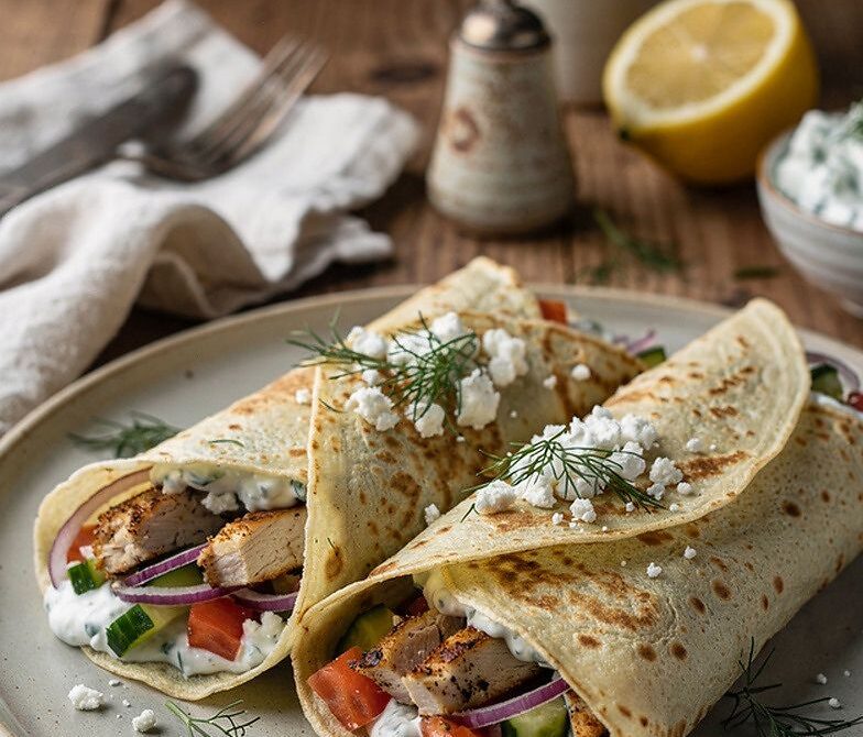Greek Chicken Souvlaki Crepes with Tzatziki and Feta