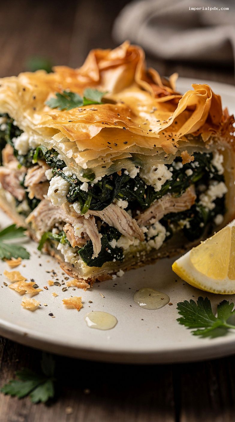 Greek Chicken Spinach and Feta Phyllo Pie – Closeup
