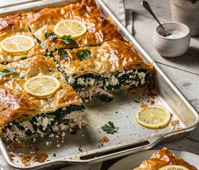 Greek Chicken Spinach and Feta Phyllo Pie