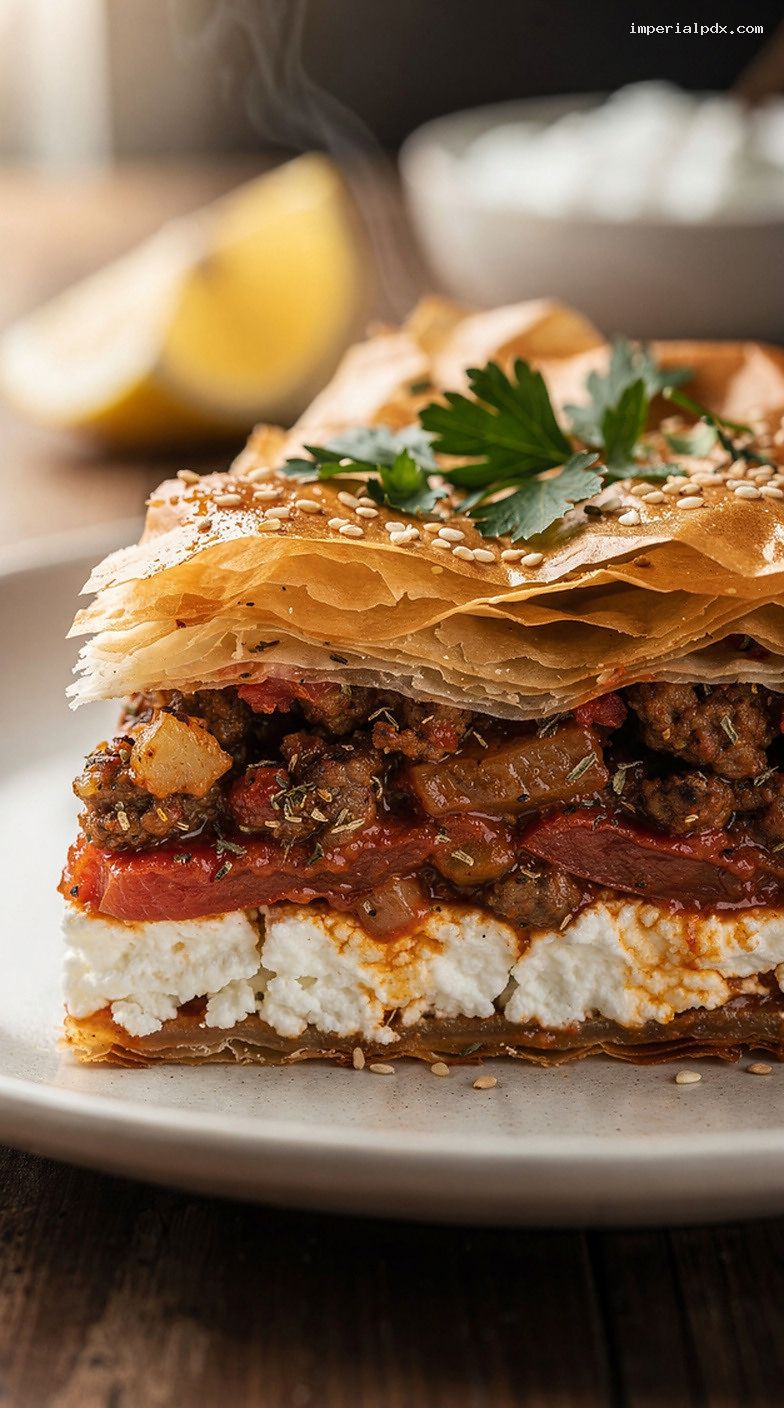 Greek Lamb, Tomato, and Feta Pie in Crisp Pastry – Closeup