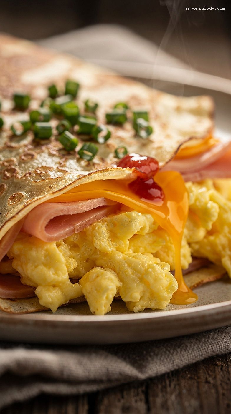 Ham, Egg, and Cheese Breakfast Crepes with Chives – Closeup