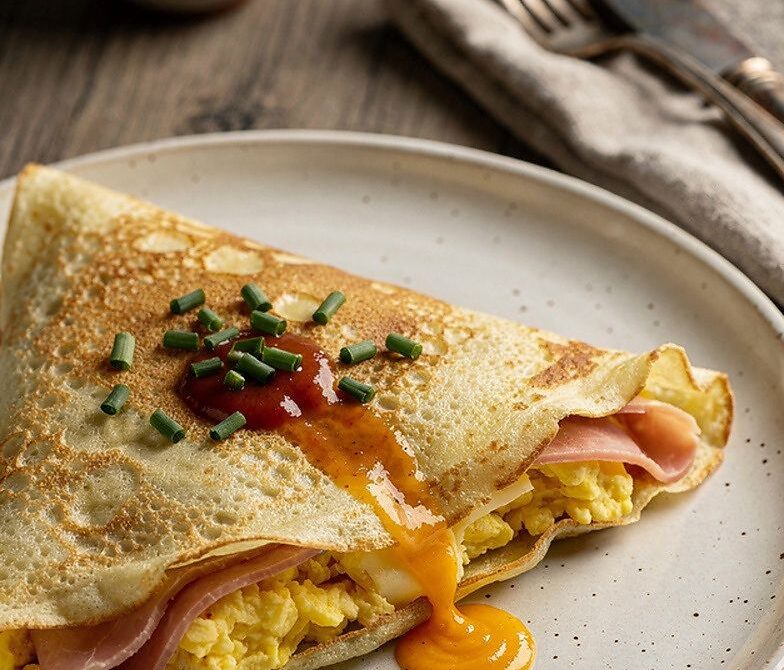 Ham, Egg, and Cheese Breakfast Crepes with Chives