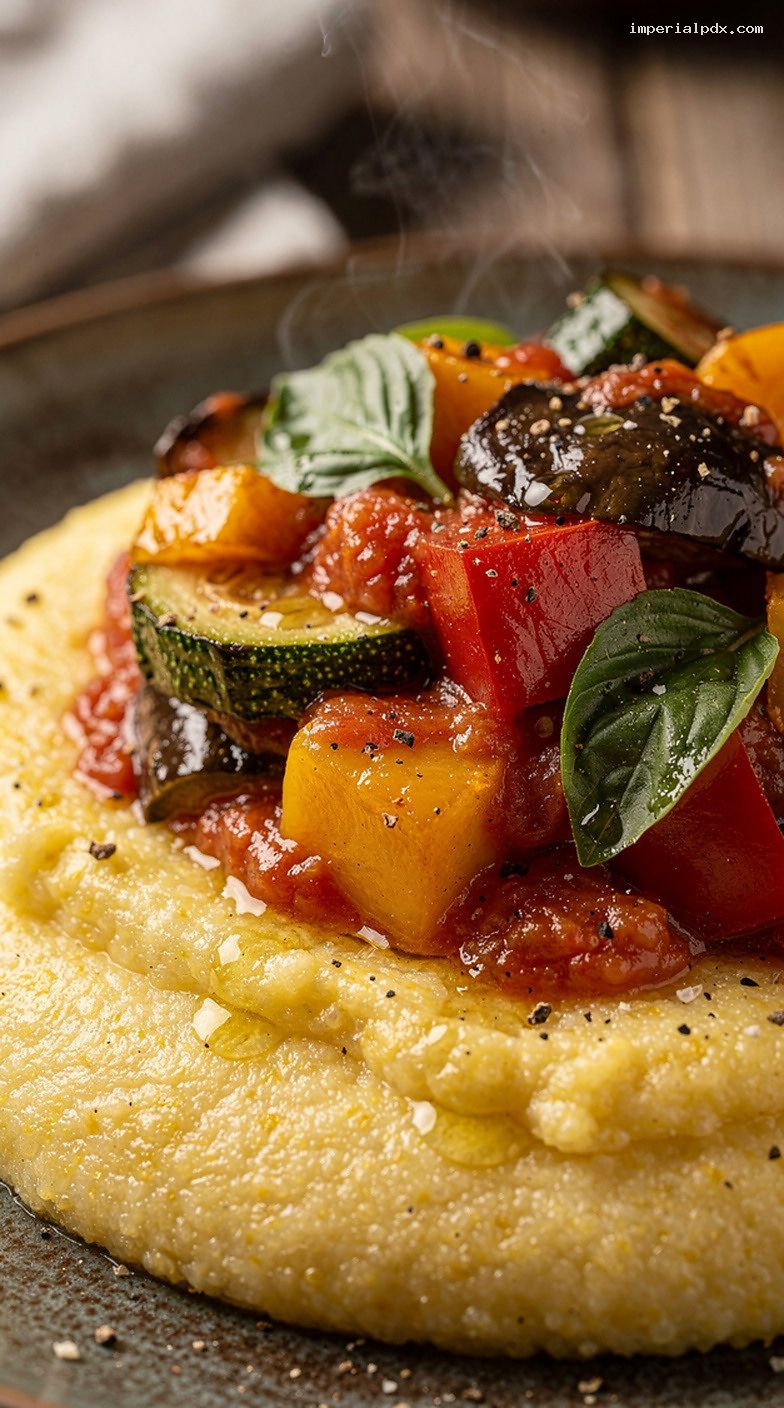 Harvest Ratatouille Over Creamy Polenta – Closeup