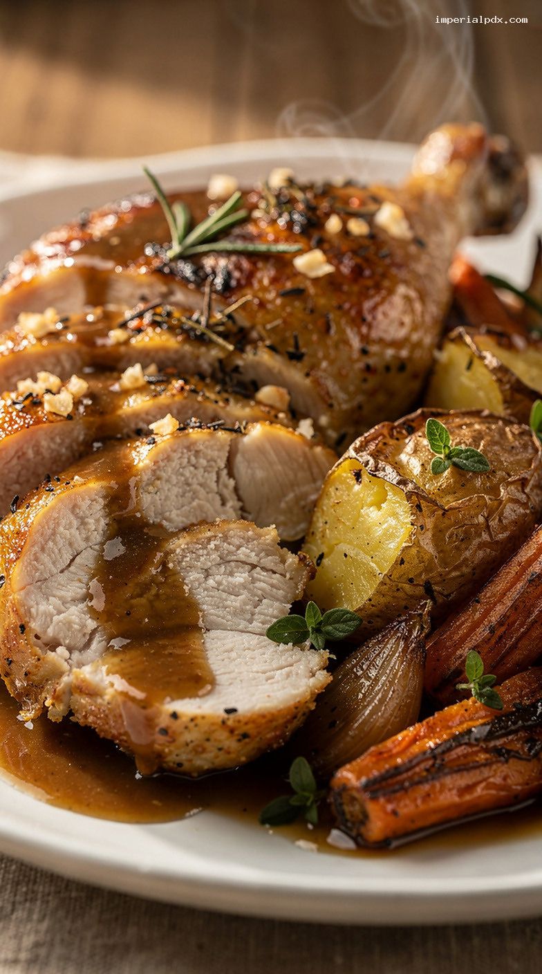 Herb-Roasted Whole Chicken With Pan Gravy And Vegetables – Closeup