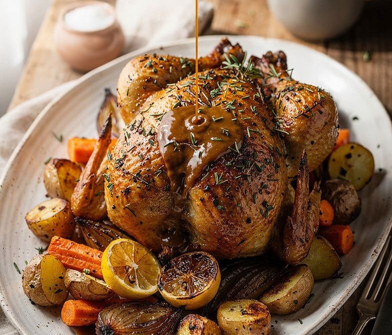 Herb-Roasted Whole Chicken With Pan Gravy And Vegetables