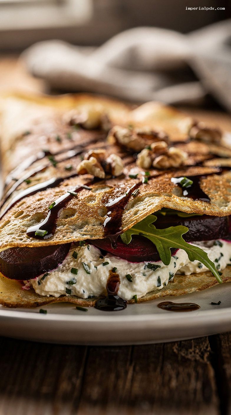 Herbed Goat Cheese, Roasted Beet, and Arugula Crepes with Balsamic – Closeup