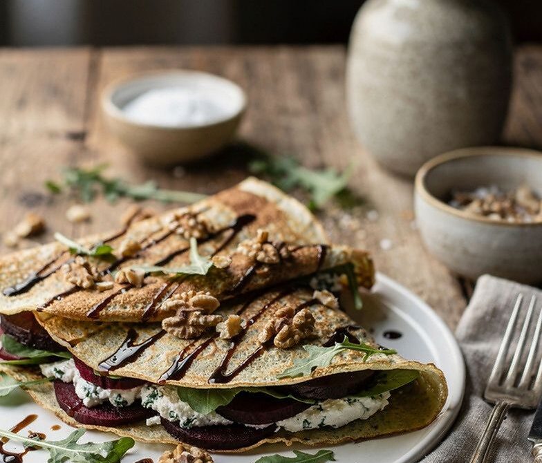 Herbed Goat Cheese, Roasted Beet, and Arugula Crepes with Balsamic