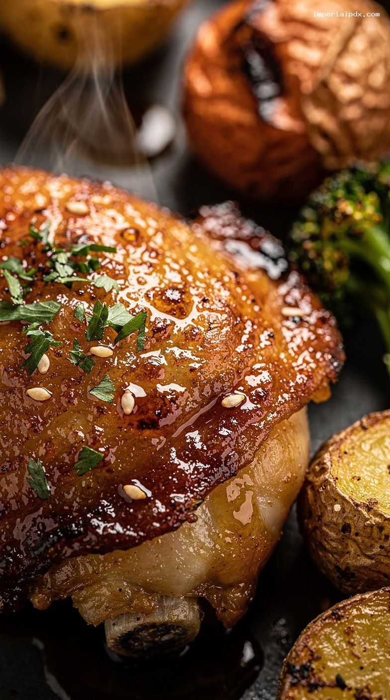 Honey Garlic Glazed Roasted Chicken Thighs With Vegetables – Closeup