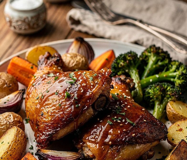 Honey Garlic Glazed Roasted Chicken Thighs With Vegetables