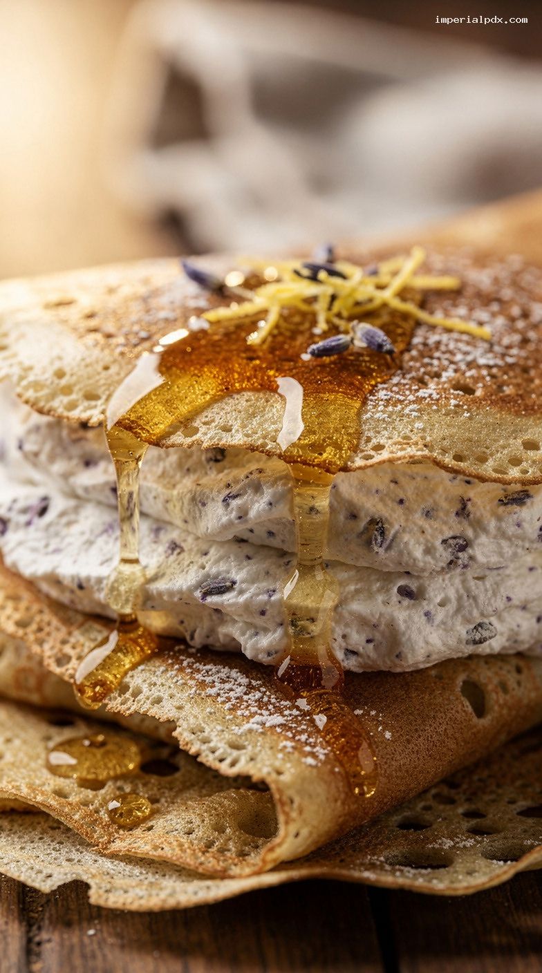Honey Lavender Cream Crepes With Honey Drizzle – Closeup