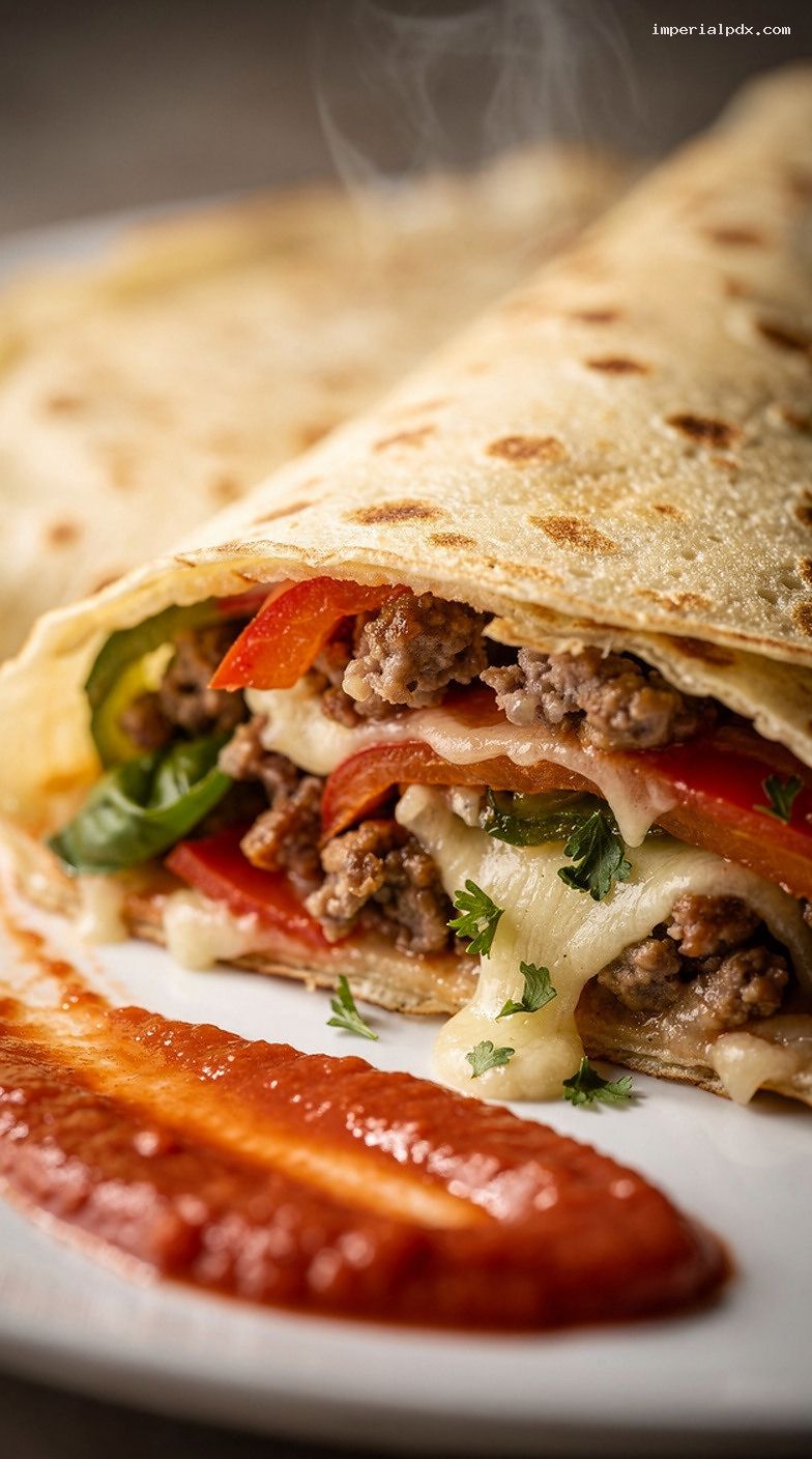 Italian Sausage, Pepper, and Onion Crepes With Marinara Dip – Closeup