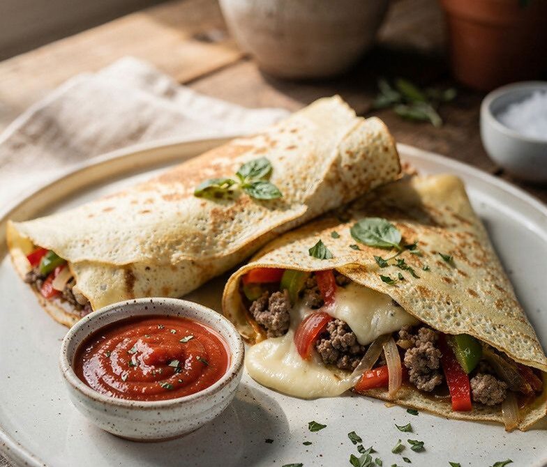 Italian Sausage, Pepper, and Onion Crepes With Marinara Dip
