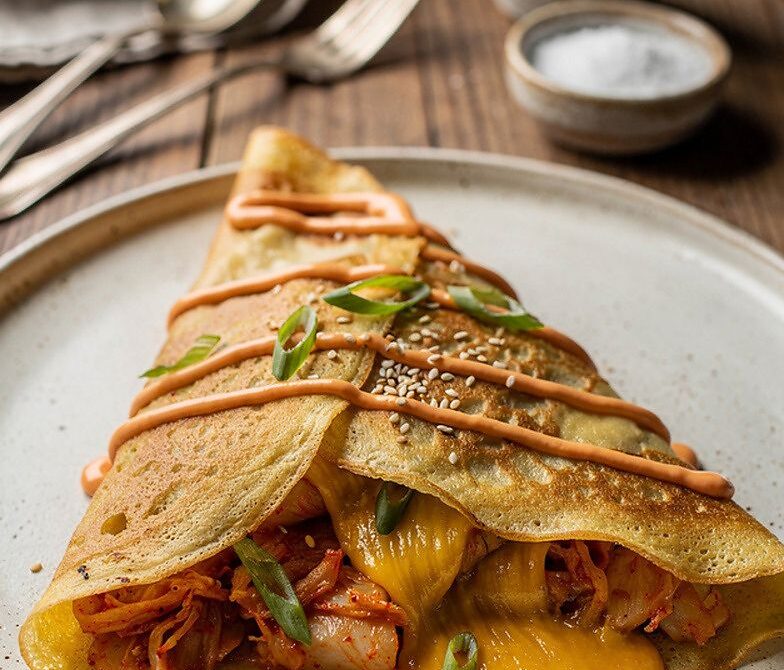 Kimchi Cheddar Scallion Crepes With Sriracha Mayo