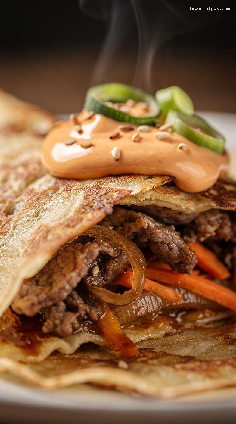 Korean Bulgogi Beef Crepes With Gochujang Mayo – Closeup