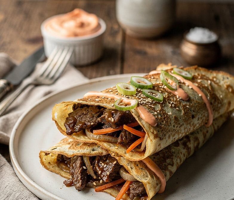 Korean Bulgogi Beef Crepes With Gochujang Mayo