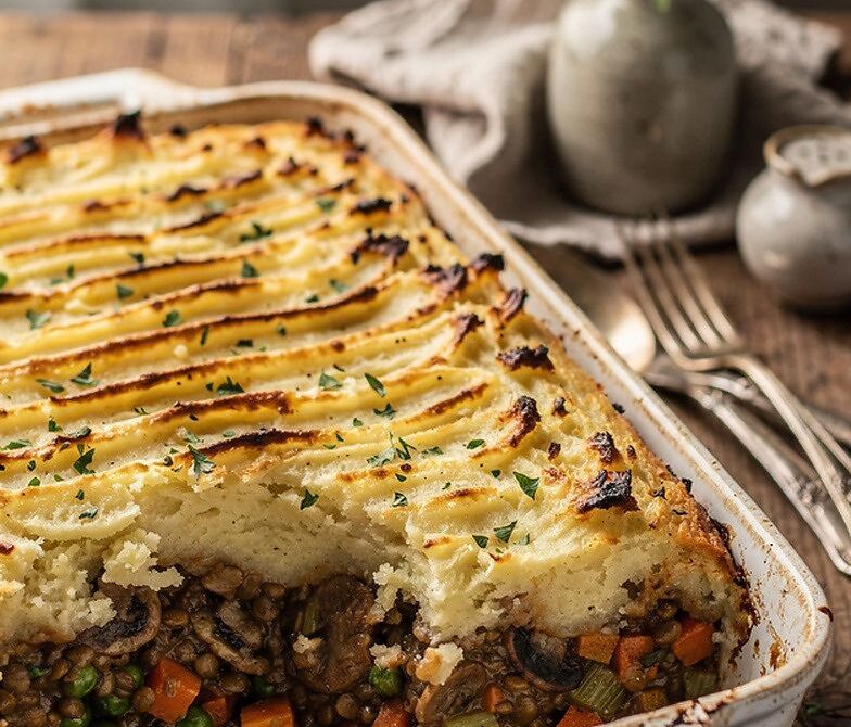 Lentil and Mushroom Cottage Pie with Mashed Potato Topping