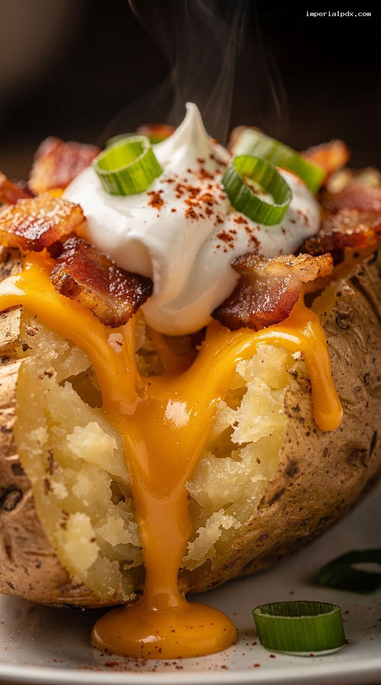 Loaded Microwave Baked Potato With Cheddar, Bacon, and Sour Cream – Closeup