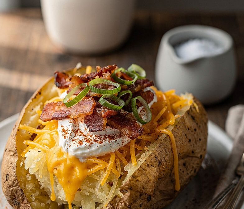 Loaded Microwave Baked Potato With Cheddar, Bacon, and Sour Cream