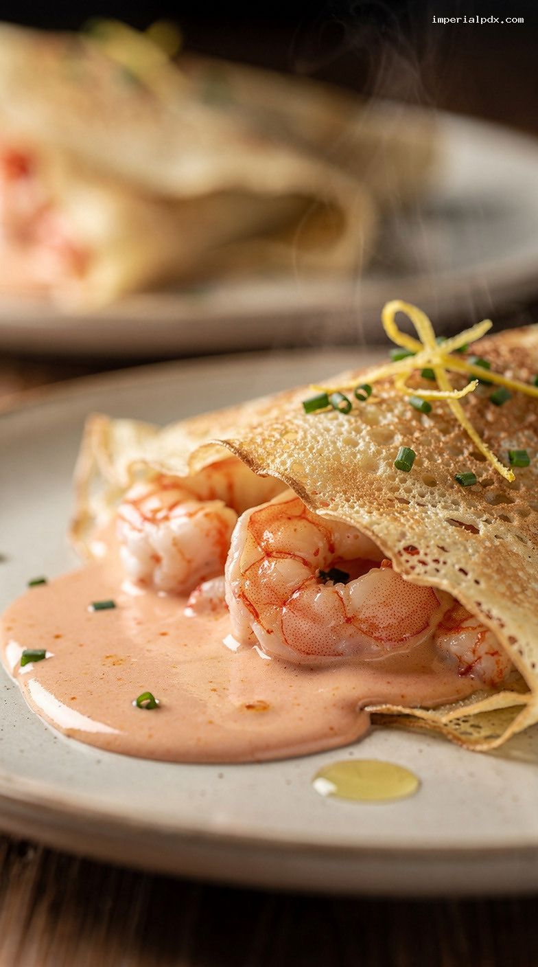 Lobster Bisque Crepes with Chives and Lemon – Closeup