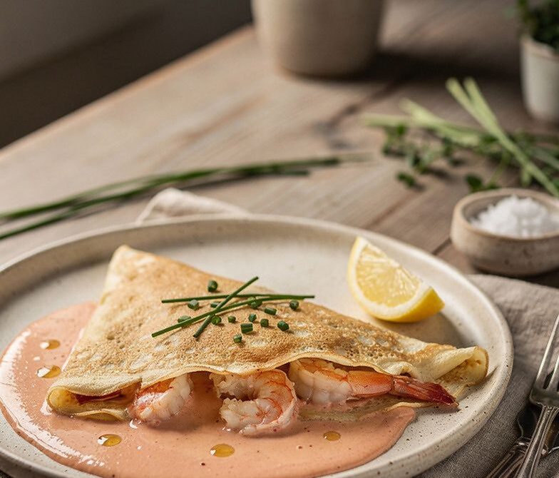 Lobster Bisque Crepes with Chives and Lemon
