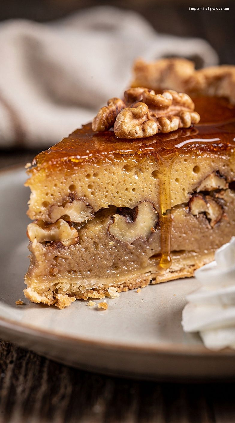 Maple Walnut Pie with Vanilla Maple Custard in Flaky Crust – Closeup