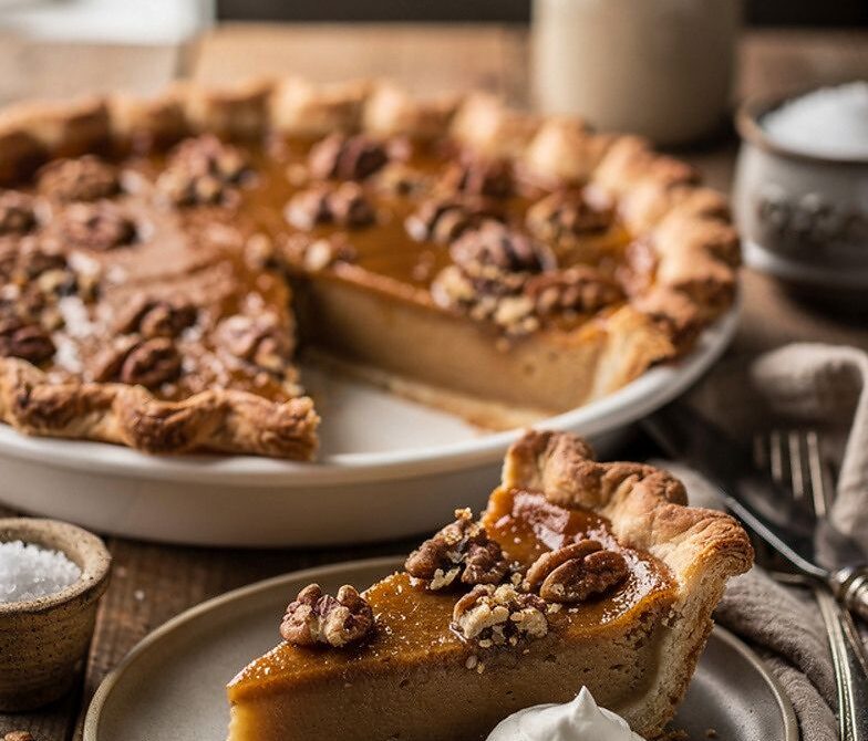 Maple Walnut Pie with Vanilla Maple Custard in Flaky Crust