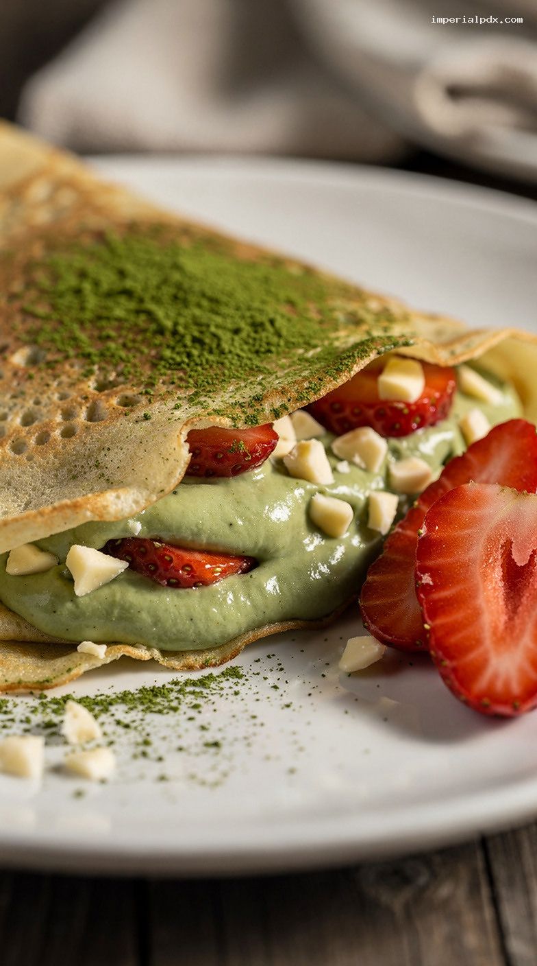 Matcha White Chocolate Strawberry Crepe with Matcha Cream – Closeup