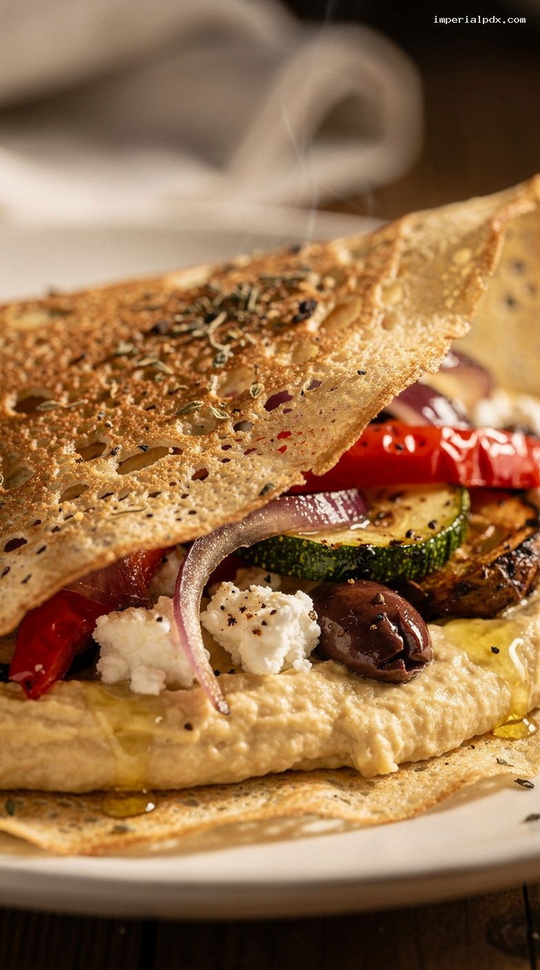 Mediterranean Hummus Crepes With Roasted Vegetables, Feta, and Olives – Closeup