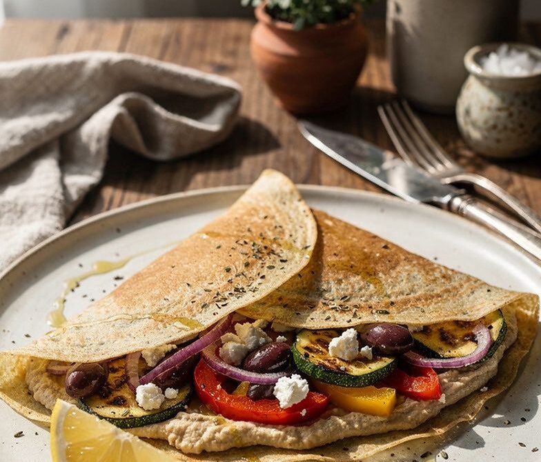 Mediterranean Hummus Crepes With Roasted Vegetables, Feta, and Olives