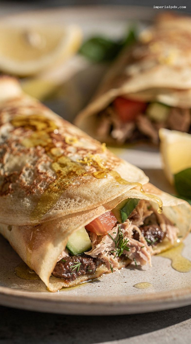 Mediterranean Tuna, Olive, and Lemon Crepes with Herbs – Closeup