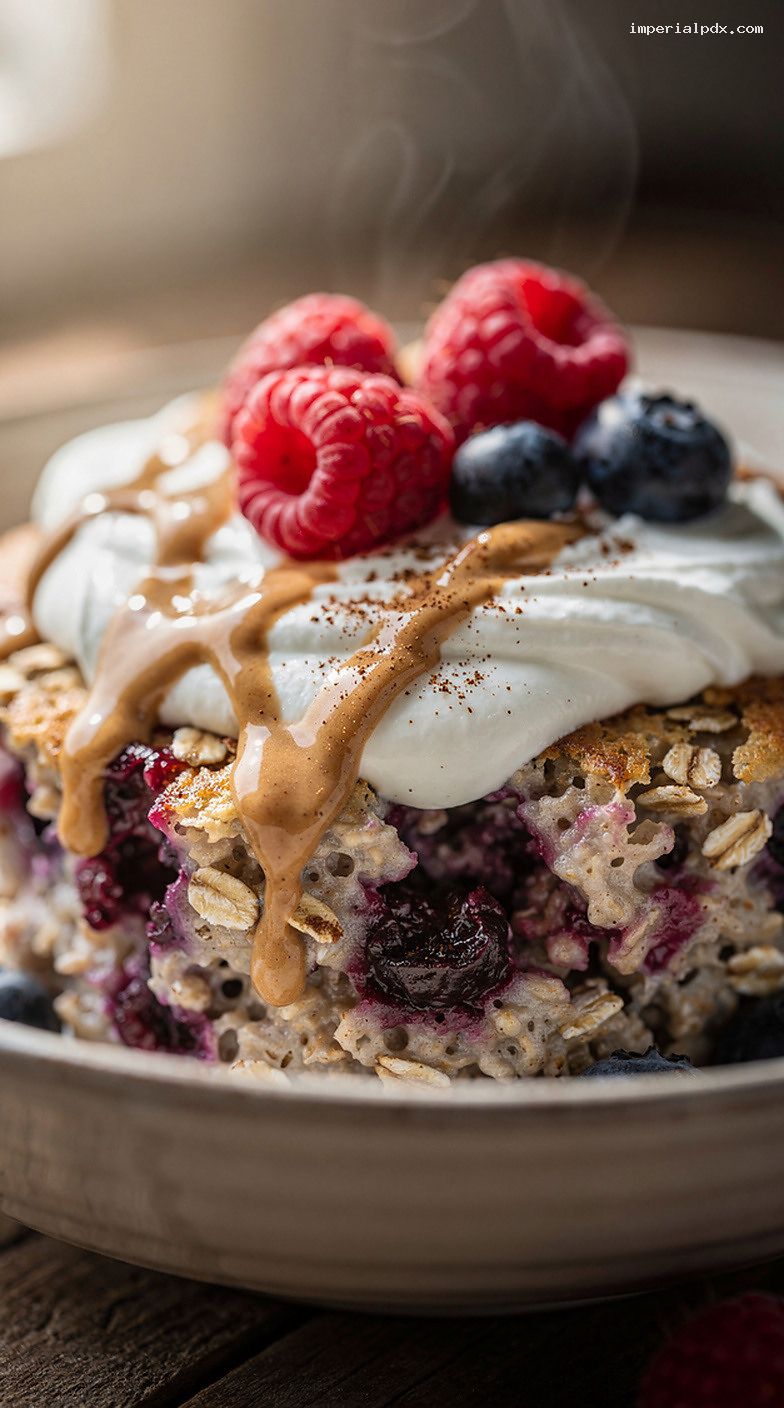Microwave Baked Oatmeal With Berries and Cinnamon – Closeup