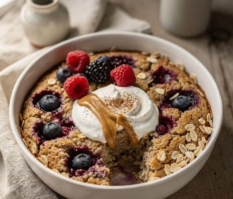 Microwave Baked Oatmeal With Berries and Cinnamon