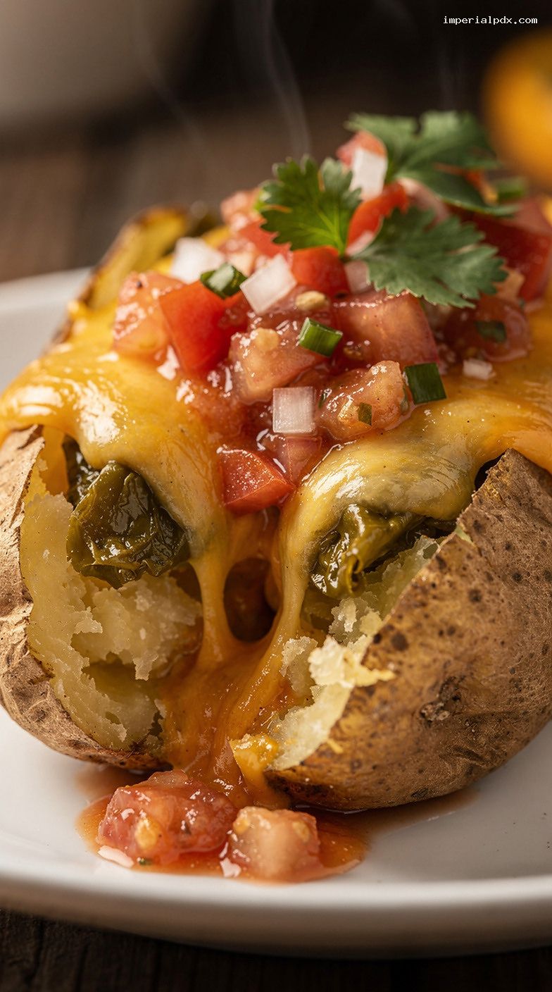 Microwave Baked Potato Chili Relleno With Green Chiles and Pepper Jack – Closeup