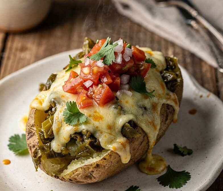 Microwave Baked Potato Chili Relleno With Green Chiles and Pepper Jack