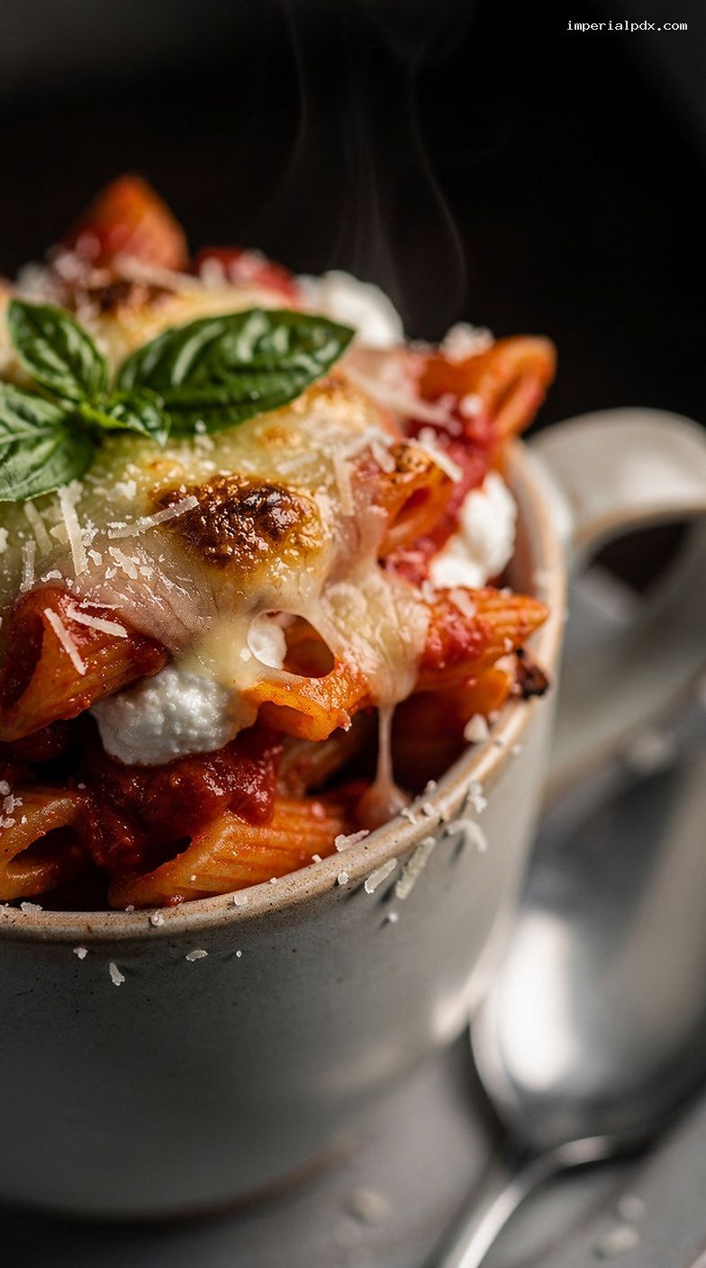 Microwave Baked Ziti Cup With Ricotta and Mozzarella – Closeup