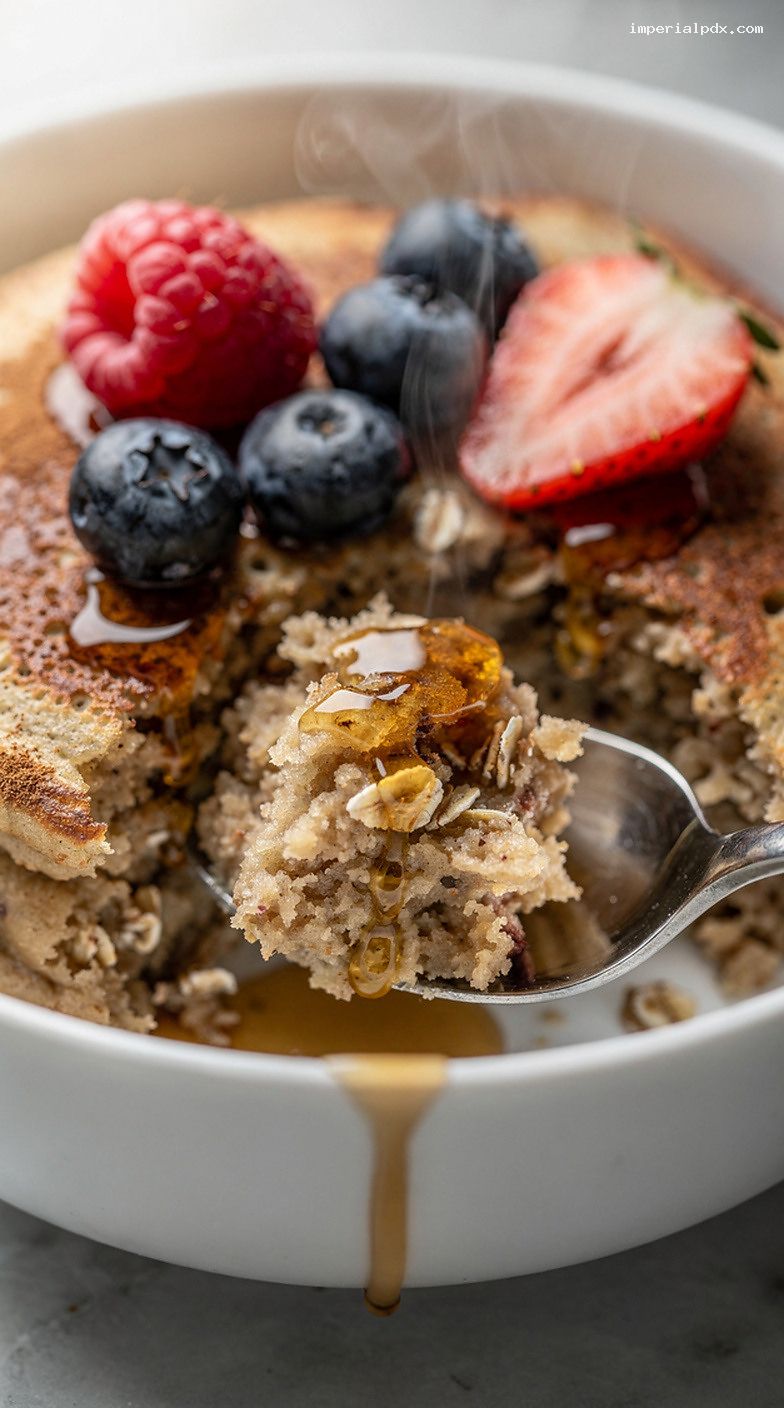 Microwave Banana Oatmeal Pancake Bowl with Maple and Berries – Closeup